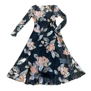 Komarov Grey Floral Print Midi Dress V-Neck Stretch Crinkle Size Small Women NWT